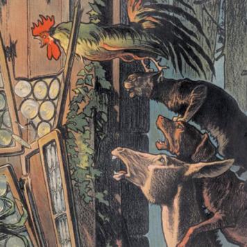 Zeichnung der Bremer Stadtmusikanten, die durch ein Fenster die im Haus feiernden Räuber erschrecken.